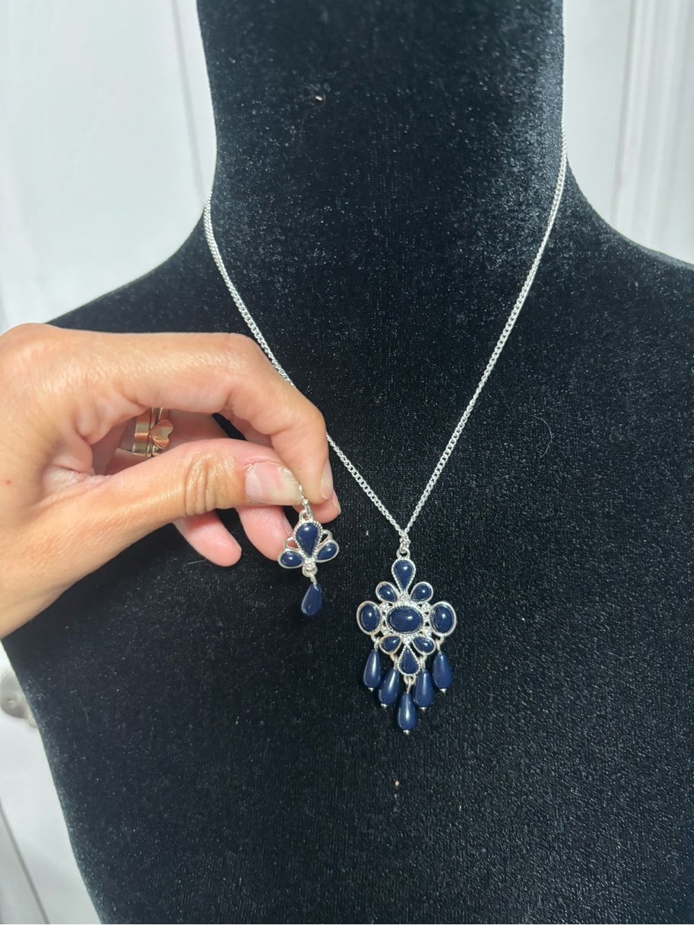 Silver-Tone Navy Blue Teardrop Necklace & Earrings Set